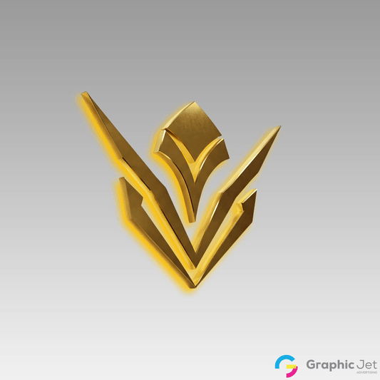 Gold logo on a gray background