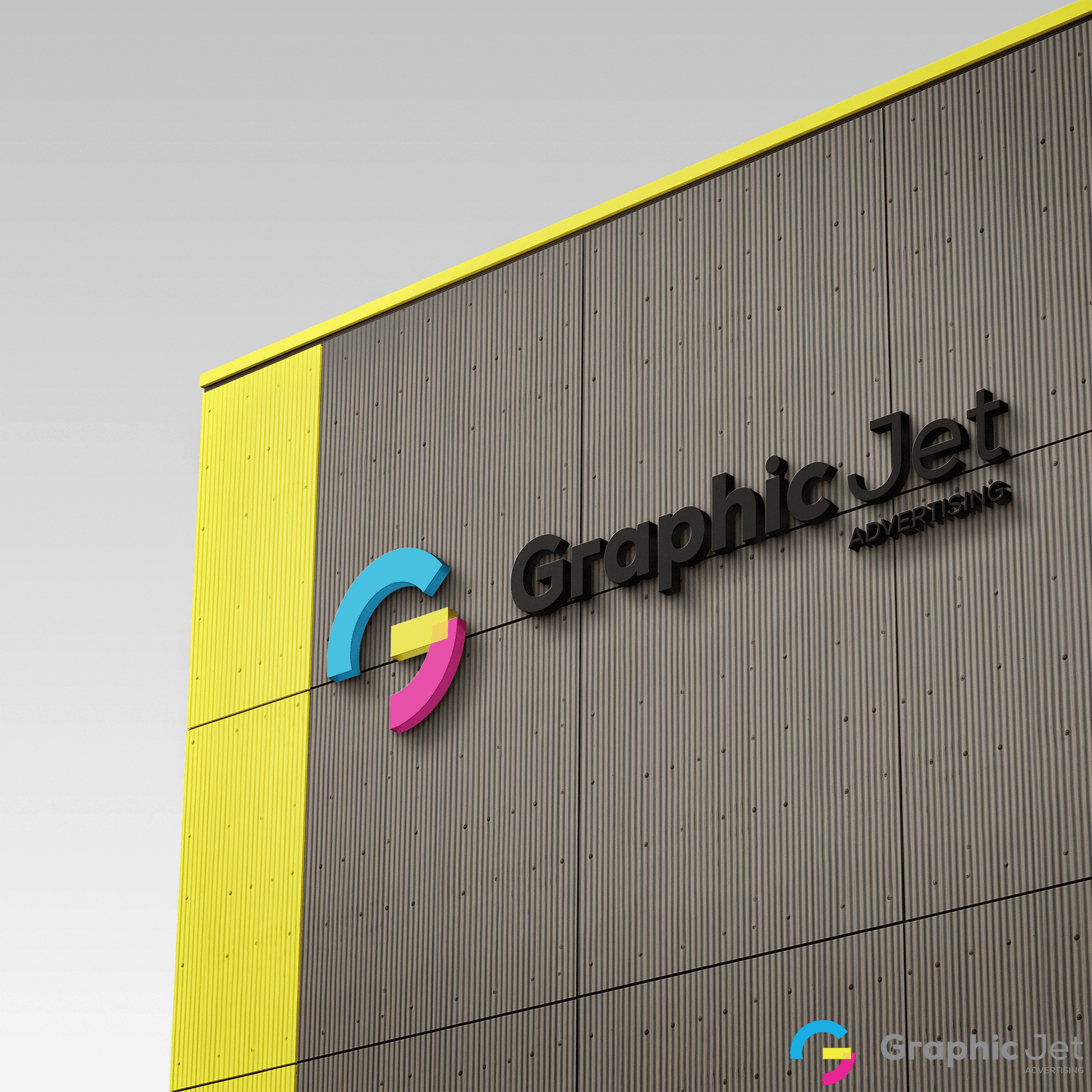 Logo of Graphic Jet on a building facade with a colorful 'G' and yellow accent.