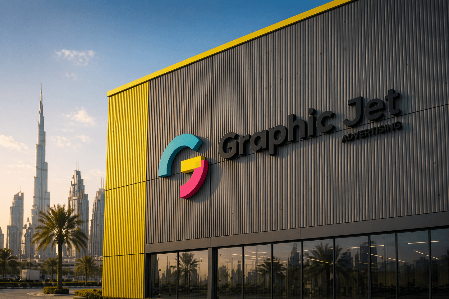 Building with 'Graphic Jet' logo and branding, Burj Khalifa visible in the background