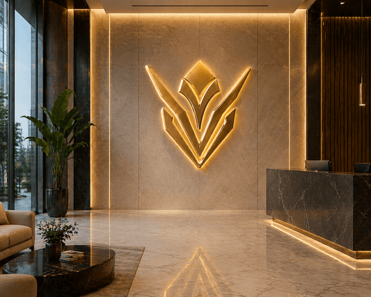 Luxury lobby with a prominent logo on the wall, potted plants, and a reception desk.