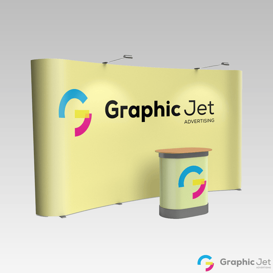 Promotional stand with 'Graphic Jet Advertising' branding on a gray background
