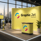 Yellow Graphic Jet advertising booth at an event with cityscape in the background