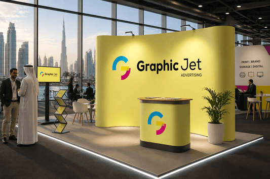 Yellow Graphic Jet advertising booth at an event with cityscape in the background