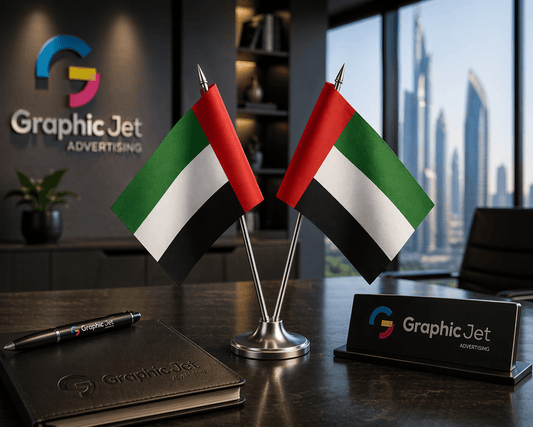 Two small UAE flags on a stand with a desk setup featuring 'Graphic Jet' branding.