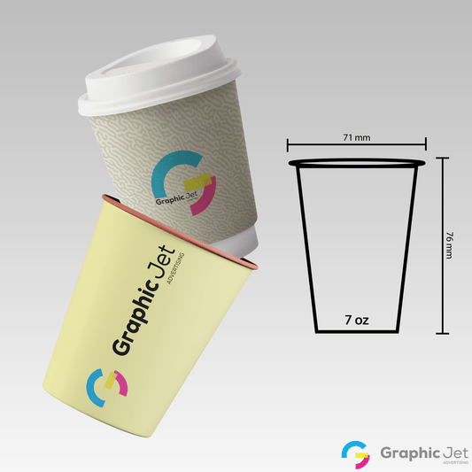 Coffee cup with lid and sleeve, featuring 'Graphic Jet' branding, on a gray background.
