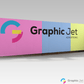 Colorful advertisement board with 'Graphic Jet Advertising' logo on a white background