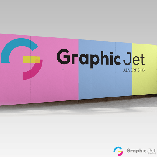 Colorful advertisement board with 'Graphic Jet Advertising' logo on a white background