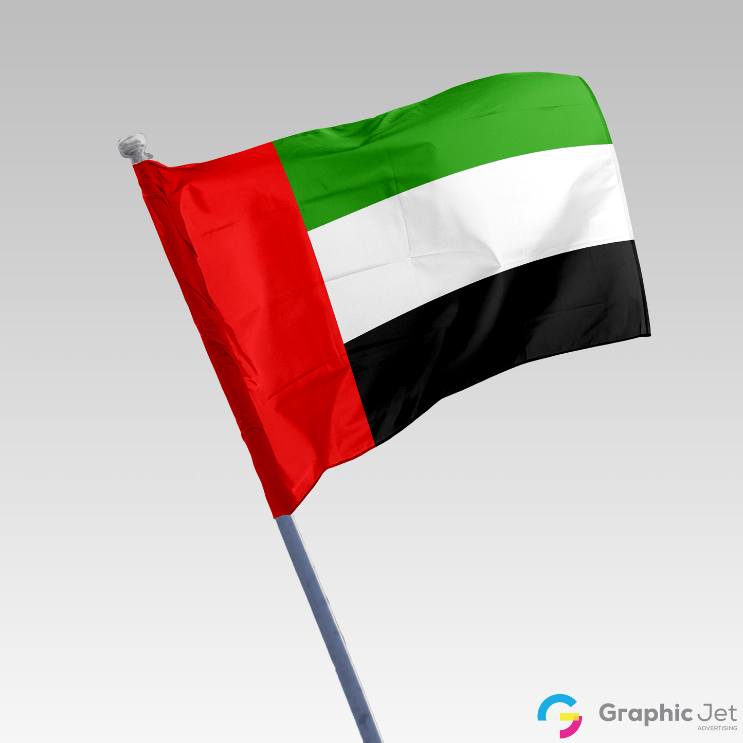 UAE Flag with red, green, white, and black colors on a gray background