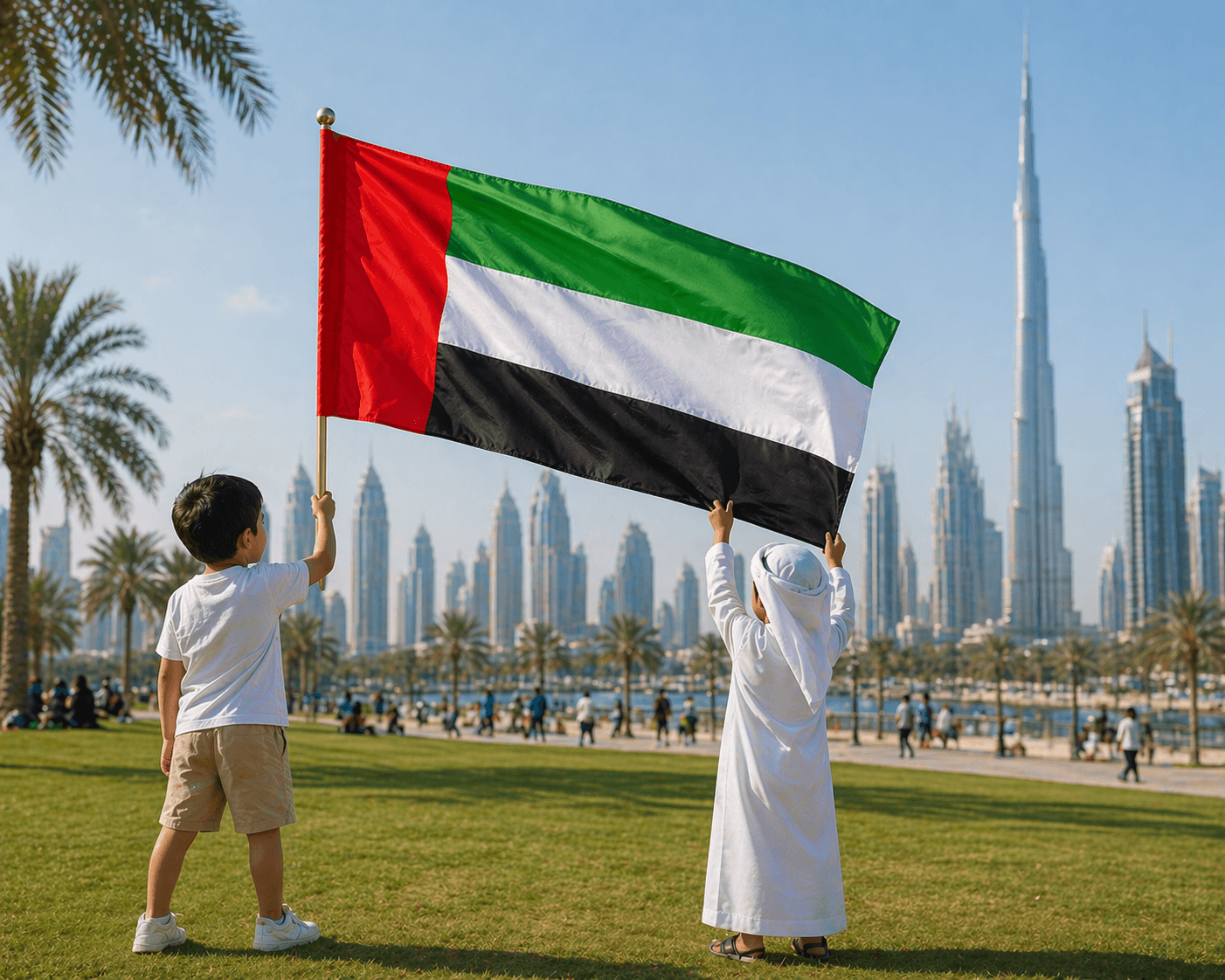 Two children holding a United Arab Emirates flag with a city skyline in the background