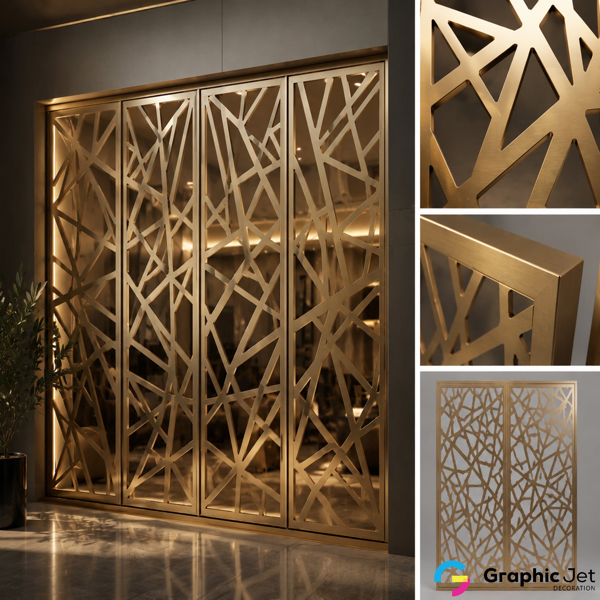 Decorative gold screen with geometric pattern in a room setting, featuring the brand 'Graphic Jet'.