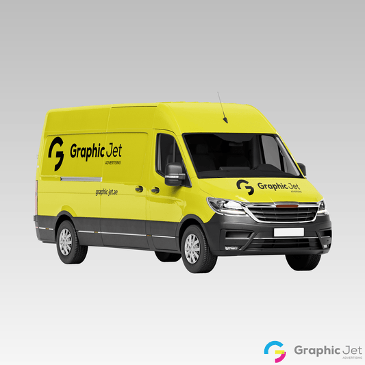 Yellow van with Graphic Jet logo on a gray background
